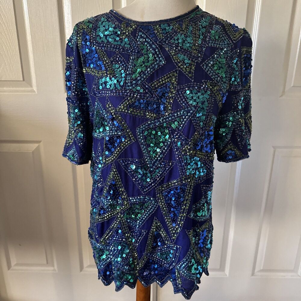 Jakelin Designs Beaded Sequin Top Large Silk Lined Geo Vintage‎ 80s Glam Blue